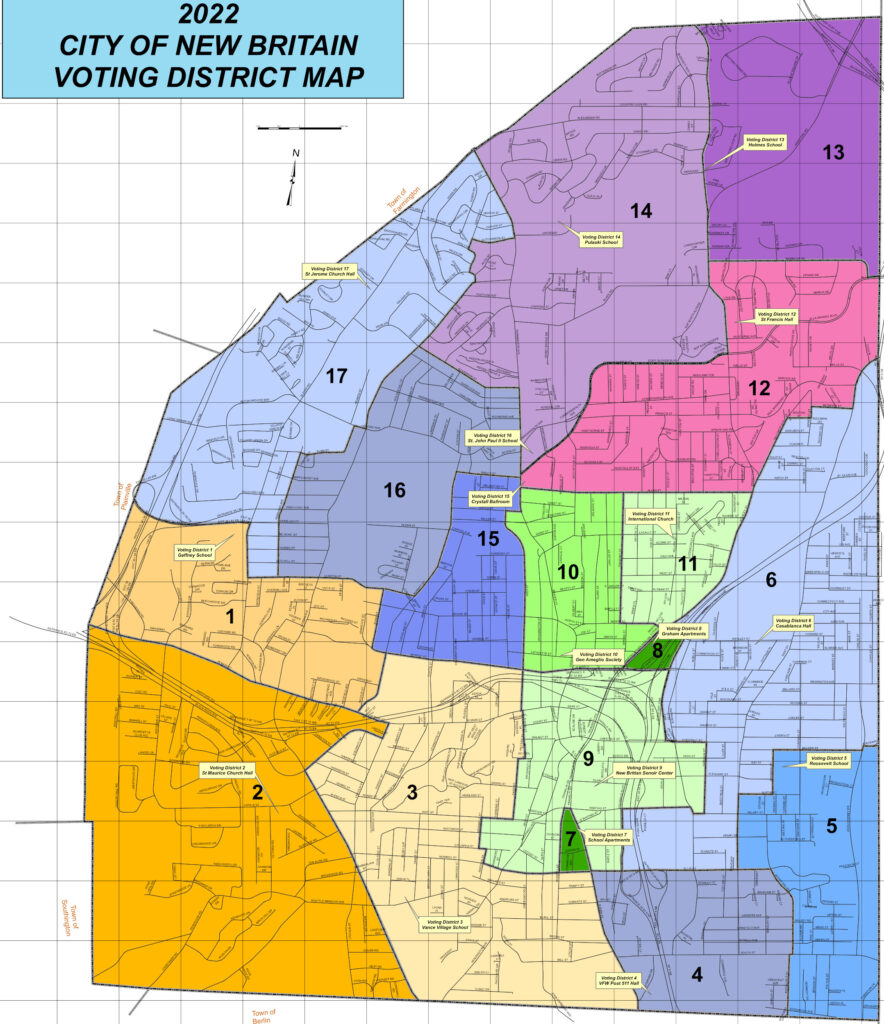 <em>Map of New Britain voting districts, as of the 2023 elections. Note that the 13th voting district votes at St. Francis Church in 2024. Click to expand.</em>