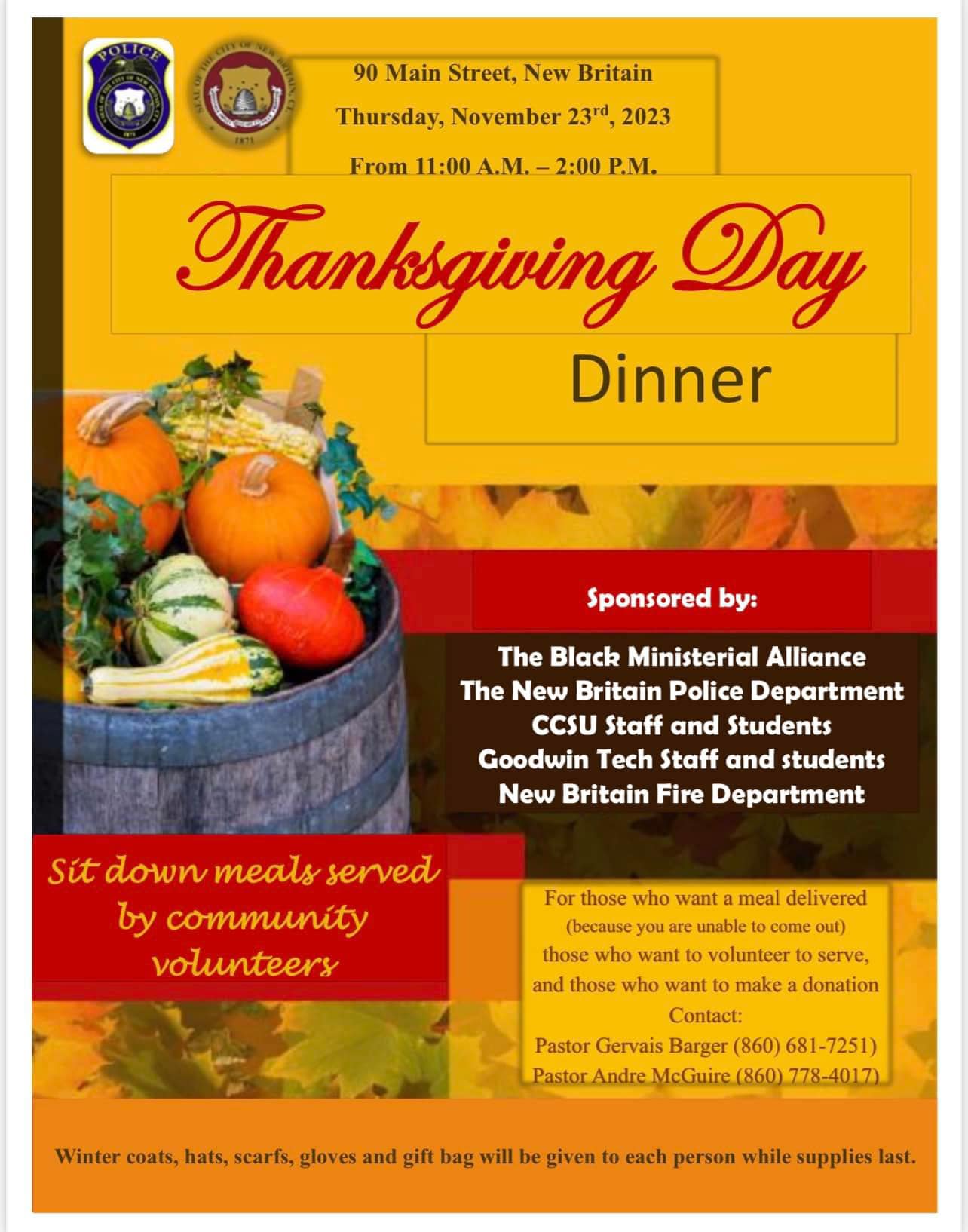 Thanksgiving Dinner for Those in Need to be Held by Black Ministers Alliance, Police and Fire Departments and CCSU and Goodwin Tech Staff and Students