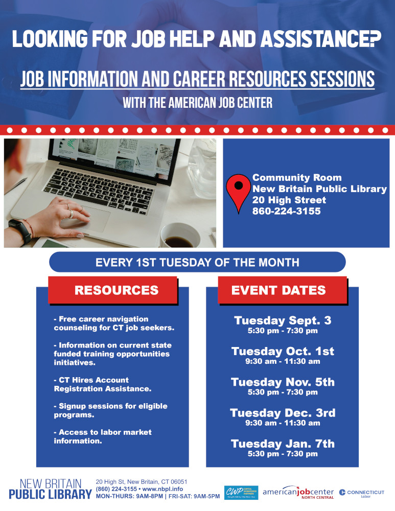 New Britain Public Library Hosting American Job Center for Career Resources Sessions