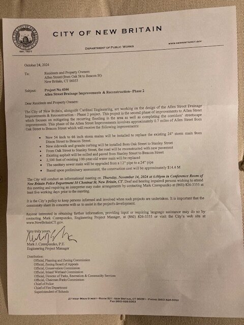 Letter on November 14, 2024 drainage improvement project informational meeting
https://newbritainprogressive.com/events/city-19/